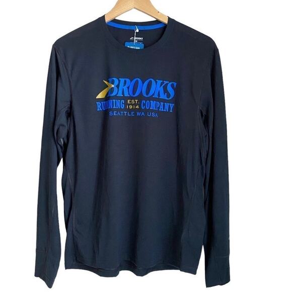 Brooks Running Distance Graphic Long Sleeve Shirt Men M Black Heritage Seattle - Picture 1 of 12